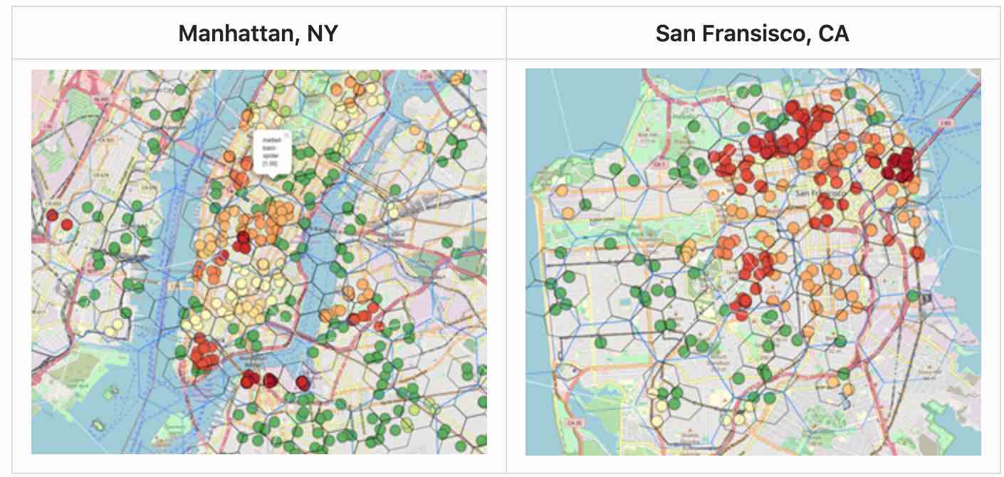 2D map of Manhattan and SF, with red & green dots representing optimal and sub-optimal hotspot locations